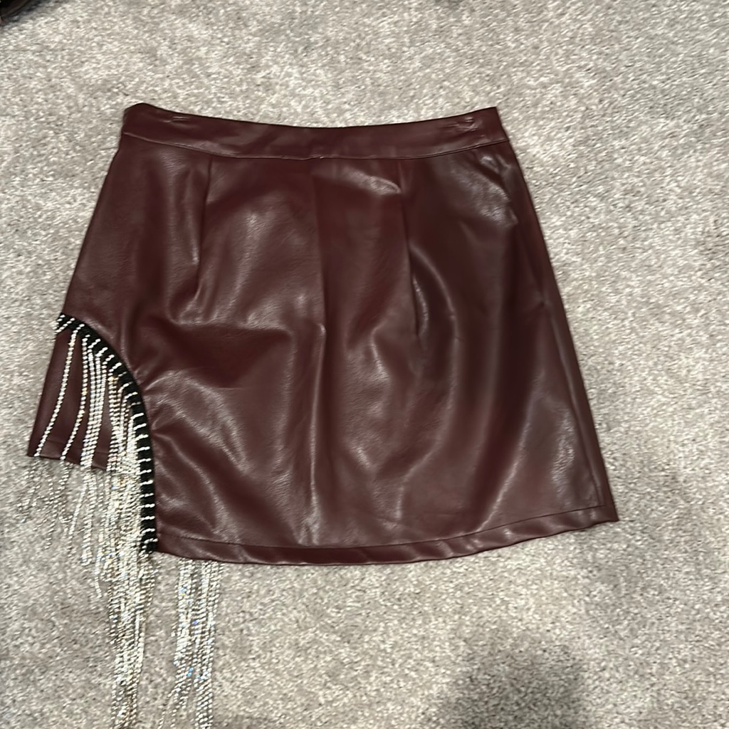 Brown/Burgundy Faux Leather Skirt With Rhinestones